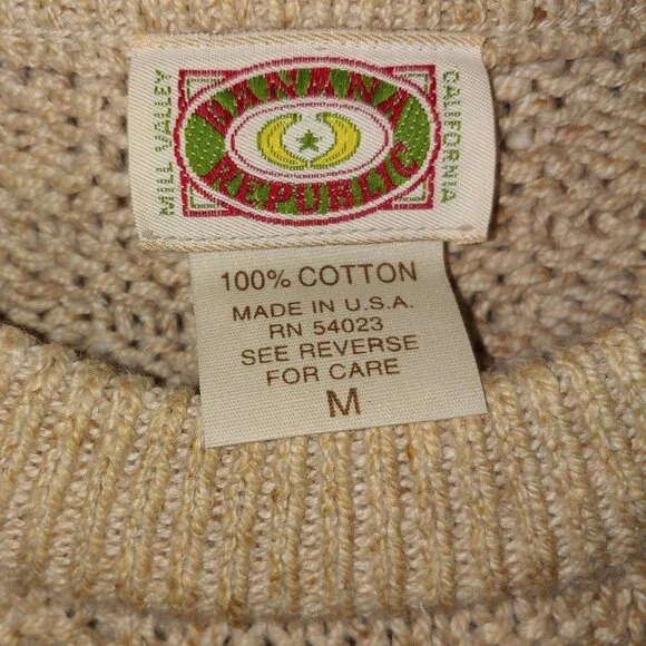 Vintage Banana Republic Mill Valley Basketwave Knit Cotton Sweater Size M Tan - Picture 2 of 6